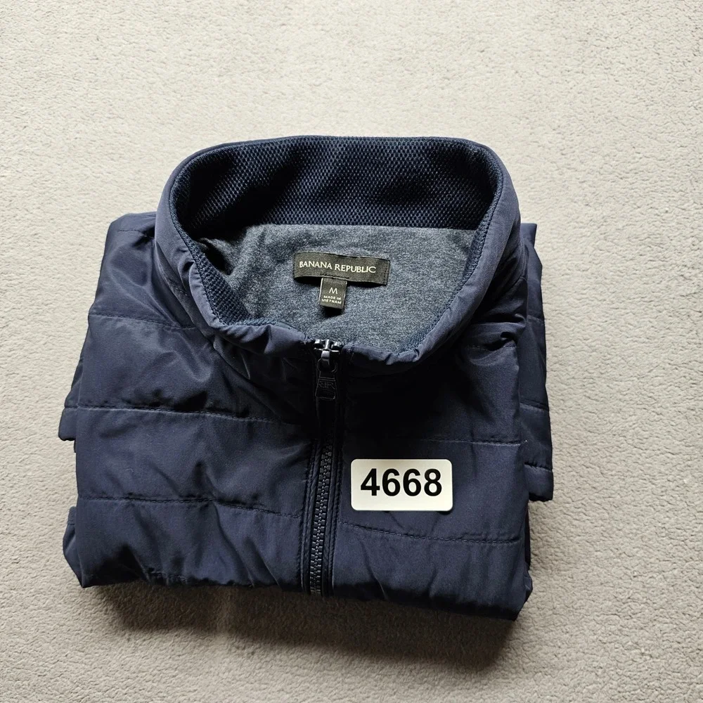 Banana Republic Puffer Vest Mens M Navy Blue Full Zip Quilted Mock Neck 4668